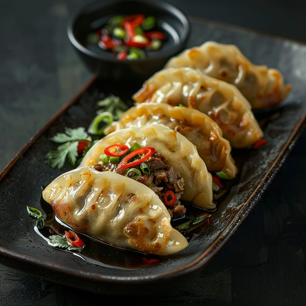 Pan-fried dumplings with savory filling, garnished with chili and herbs, served with dipping sauce.