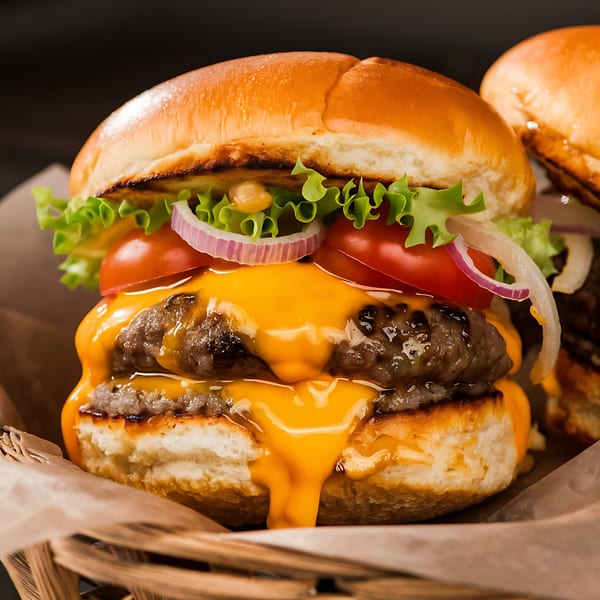 A double cheeseburger with melted cheese, lettuce, tomatoes, and onions in a basket.