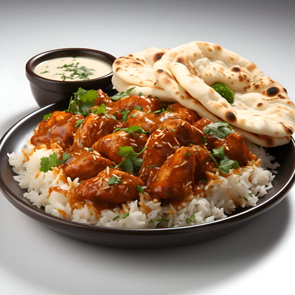 Tikka and Grill's chicken tikka masala with rice, naan bread, and a side of raita.