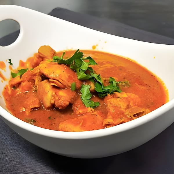 Tikka and Grill's chicken curry in a white bowl, garnished with fresh cilantro.