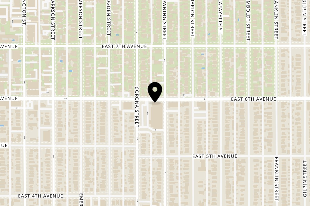 Map showing the location of Tikka and Grill (6th Ave) on 1120 E 6th Ave in Denver